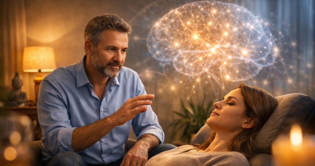 Séance d’hypnose Ericksonienne avec un hypnothérapeute accompagnant une personne en état de relaxation.